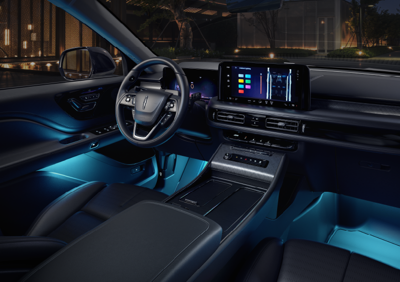 Deep blue ambient lighting glows from various places within a 2025 Lincoln Aviator® SUV. | Boulevard Lincoln in Millsboro DE