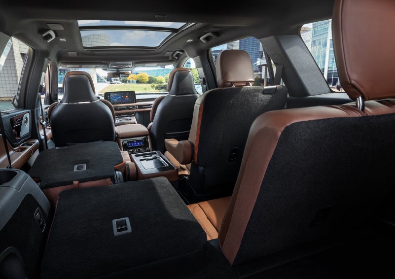 The interior of the 2025 Lincoln Aviator® SUV is shown with two seats folded down for added space. | Boulevard Lincoln in Millsboro DE