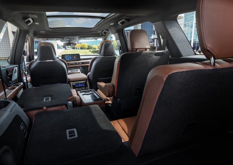 The interior of the 2025 Lincoln Aviator® SUV is shown with two seats folded down for added space. | Boulevard Lincoln in Millsboro DE