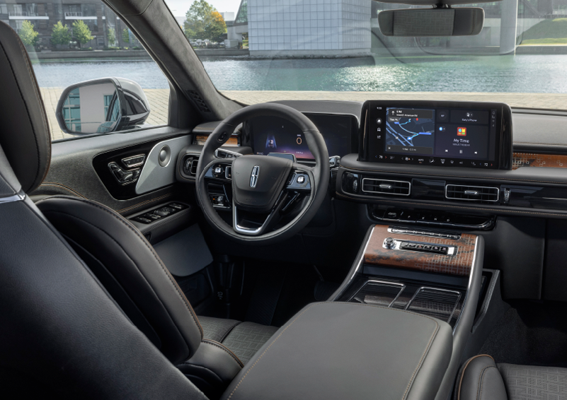 The interior of the 2025 Lincoln Aviator® SUV is shown parked with a view of a harbor through the windshield. | Boulevard Lincoln in Millsboro DE