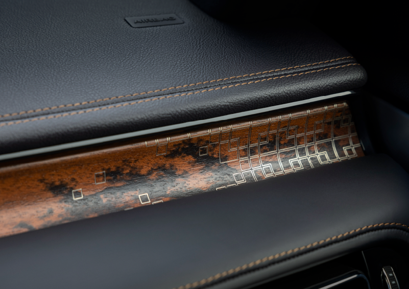 A close-up shot of the 2025 Lincoln Aviator® dashboard with unique black and brown accents, and brown stitching. | Boulevard Lincoln in Millsboro DE