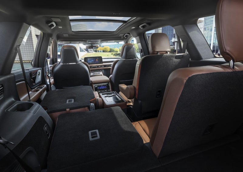 One side of the PowerFold® third-row seat and a second-row seat are folded forward in the 2026 Lincoln Aviator® SUV. | Boulevard Lincoln in Millsboro DE